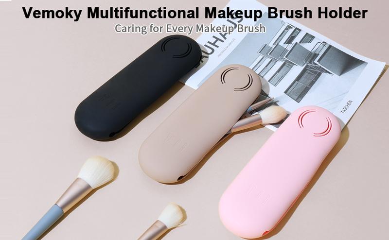 Vemoky Large Travel Makeup Brush Holder，Magnetic Silicon Portable Cosmetic Brushes Holder，Soft and Sleek Makeup Tools Organizer,Travel-Friendly bag