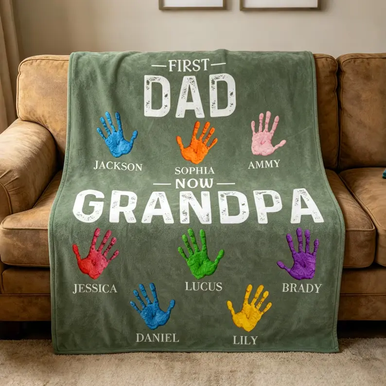 First Dad Now Grandpa Blanket, Personalized Fathers Day Gifts, Birthday Blankets for Grandpa Graphic Soft Fleece Throw Blanket Home Office Travel Birthday Anniversary Holiday Christmas Halloween
