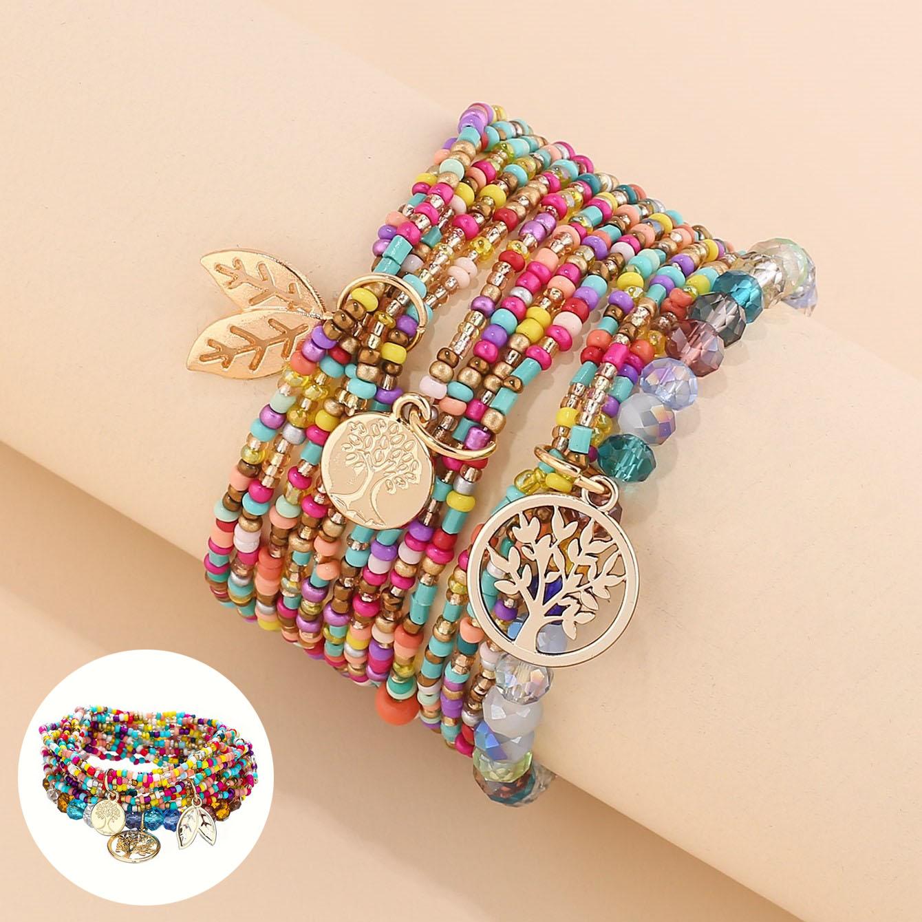 3pcs/set Bohemian Beaded Bracelet for Women, Handmade Elastic Stretch Bracelets with Tree Leaf Pendant, Colorful Rice Beads & Crystal Flat Beads for Summer Beach
