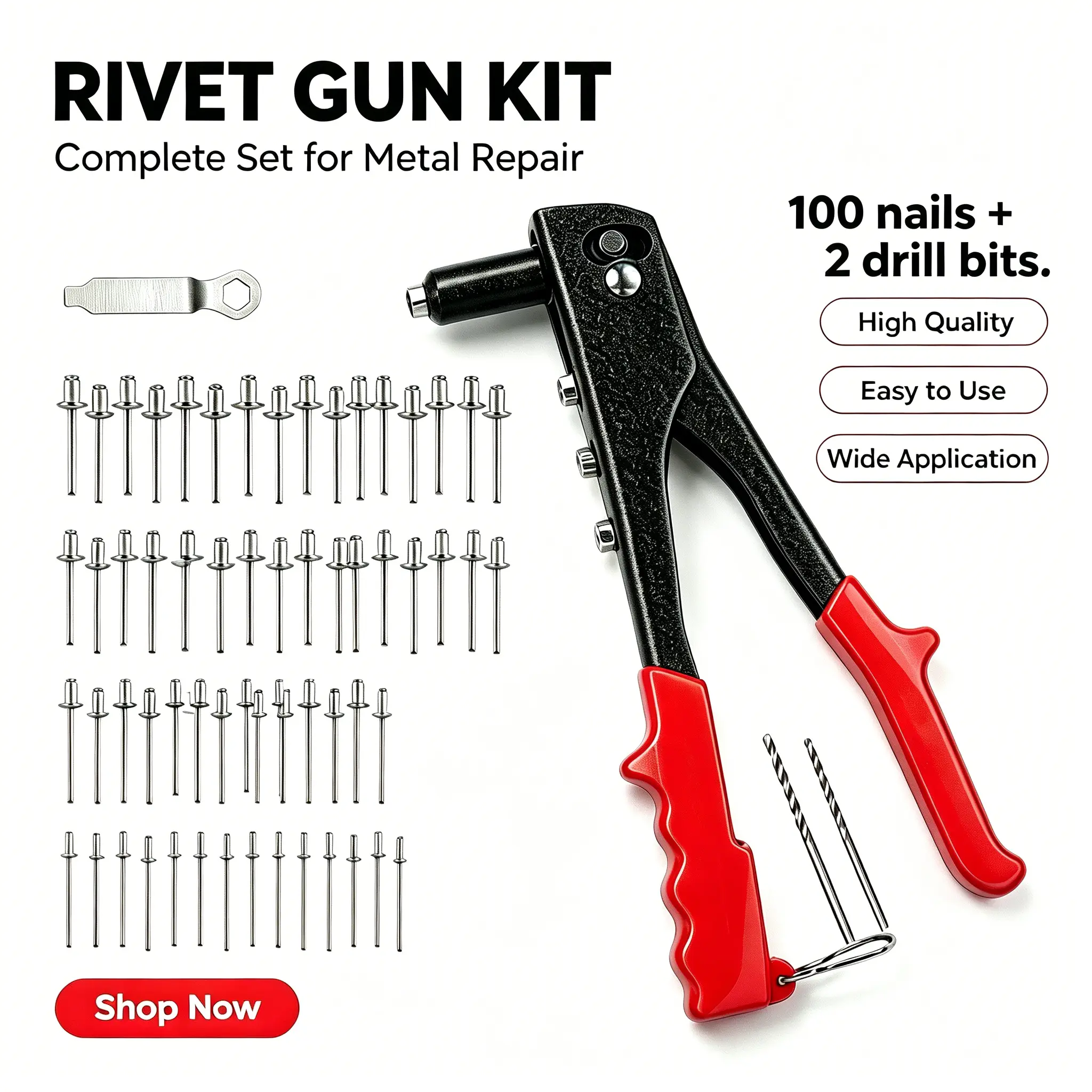 【Summerfinds】Manual rivet gun kit, consisting of 100 pieces/set of rivets, nuts, and 4 rivet heads. Suitable for use in the metal, plastic, and leather hardware industries, as well as for heavy-duty, portable professional automotive repair tools. nail