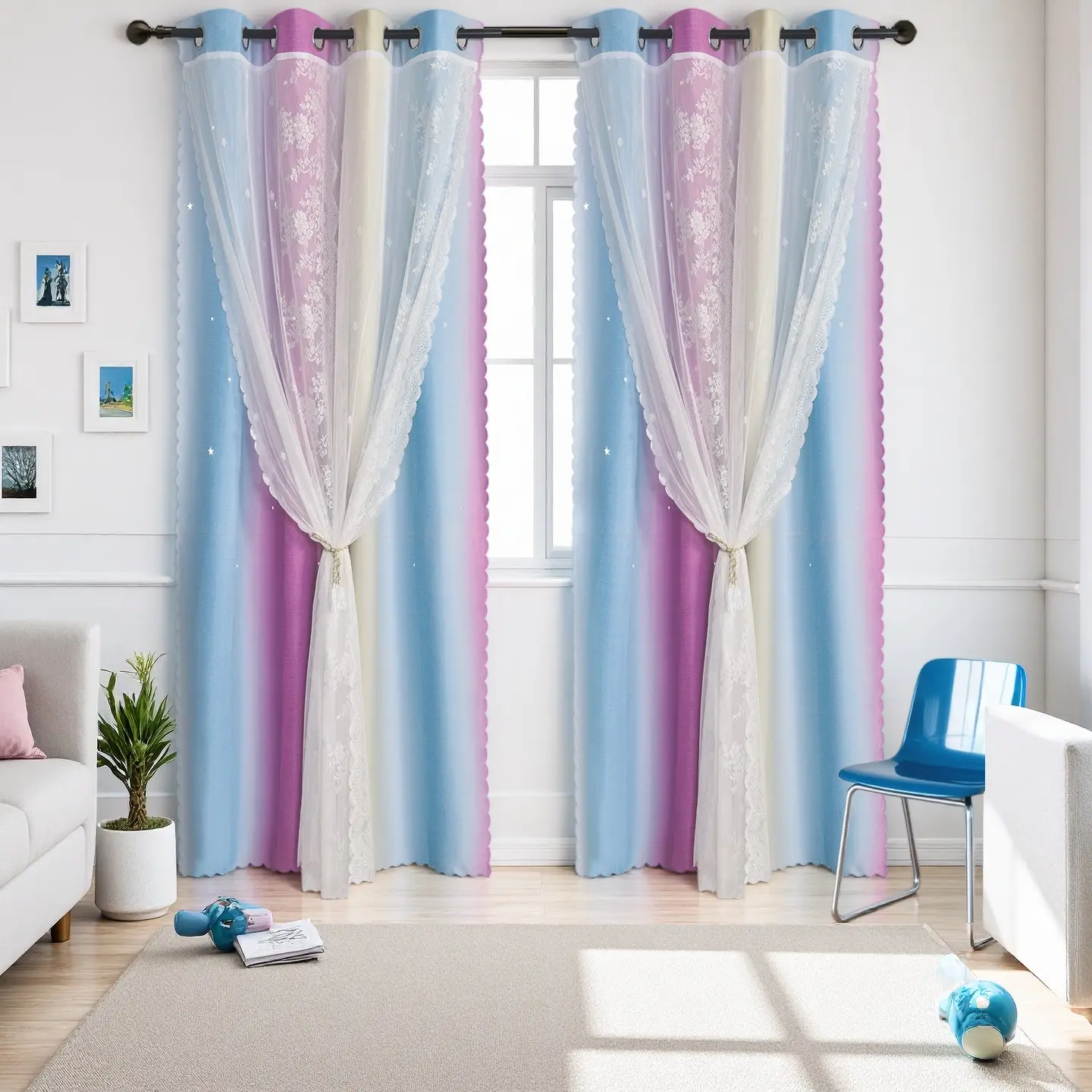 2-piece Ombre Lace Curtains with Star Sequins, Double Layer Rainbow Sheer Drapes for Bedroom Living Room, durable, heat-insulating, sound-insulating, thickened, cold-proof, with metal rings