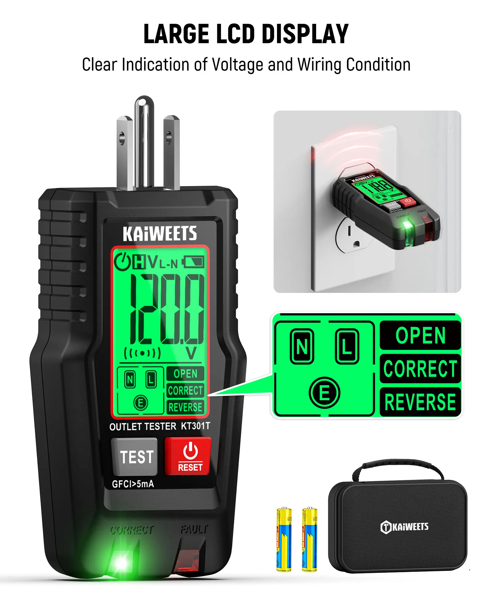 KAIWEETS Smart Electrical Outlet Tester with LCD Display, GFCI Circuit Tester with 6 Visual Indication, 3 Prong 120V AC Voltage Socket Checker, 7-Way Wiring Fault Detector, Auto Data Hold & Low Battery Alert, Essential for Homeowners