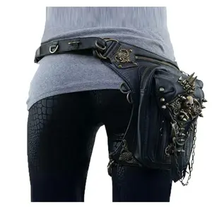 Fashion Rock PU Leather Shoulder Bag Vintage Gothic Retro Steampunk Waist Pack Shoulder Motorcycle Bag Handbag Leg Purse black Belt Bag Crossbody Fanny Pack