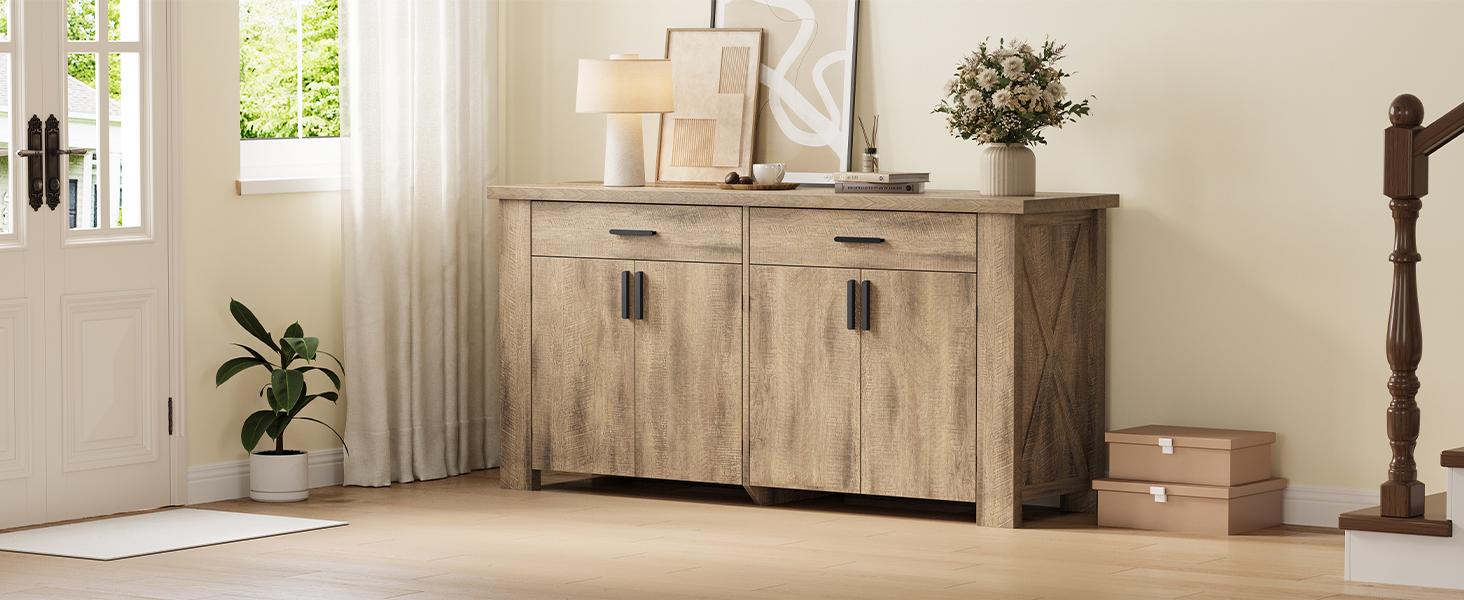 【SPOTLIGHT DAY】ONBRILL 61 Inch Sideboard Buffet Cabinet with Storage, Buffet Cabinet with 2 Drawers & 4 Doors, Farmhouse Sideboard with Adjustable Shelves, Coffee Bar Cabinets for Living Room, Kitchen