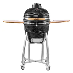 Charcoal Smoker and Grill, 18" Kamado Charcoal BBQ Smoker, Movable Ceramic Barbecue Grill with 4 Wheels (2 Lockable), Built-in Thermometer, Air Vents & Side Shelf for Outdoor Patio Yard Cooking
