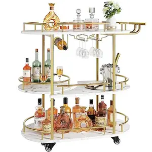 3 Tier Rolling Wine Bar Cart for Home, Small Drink Cart with Rotating Shelf, Wine & Glass Holder, Decorative Mobile Beverage Stand for Living Room Dining Room