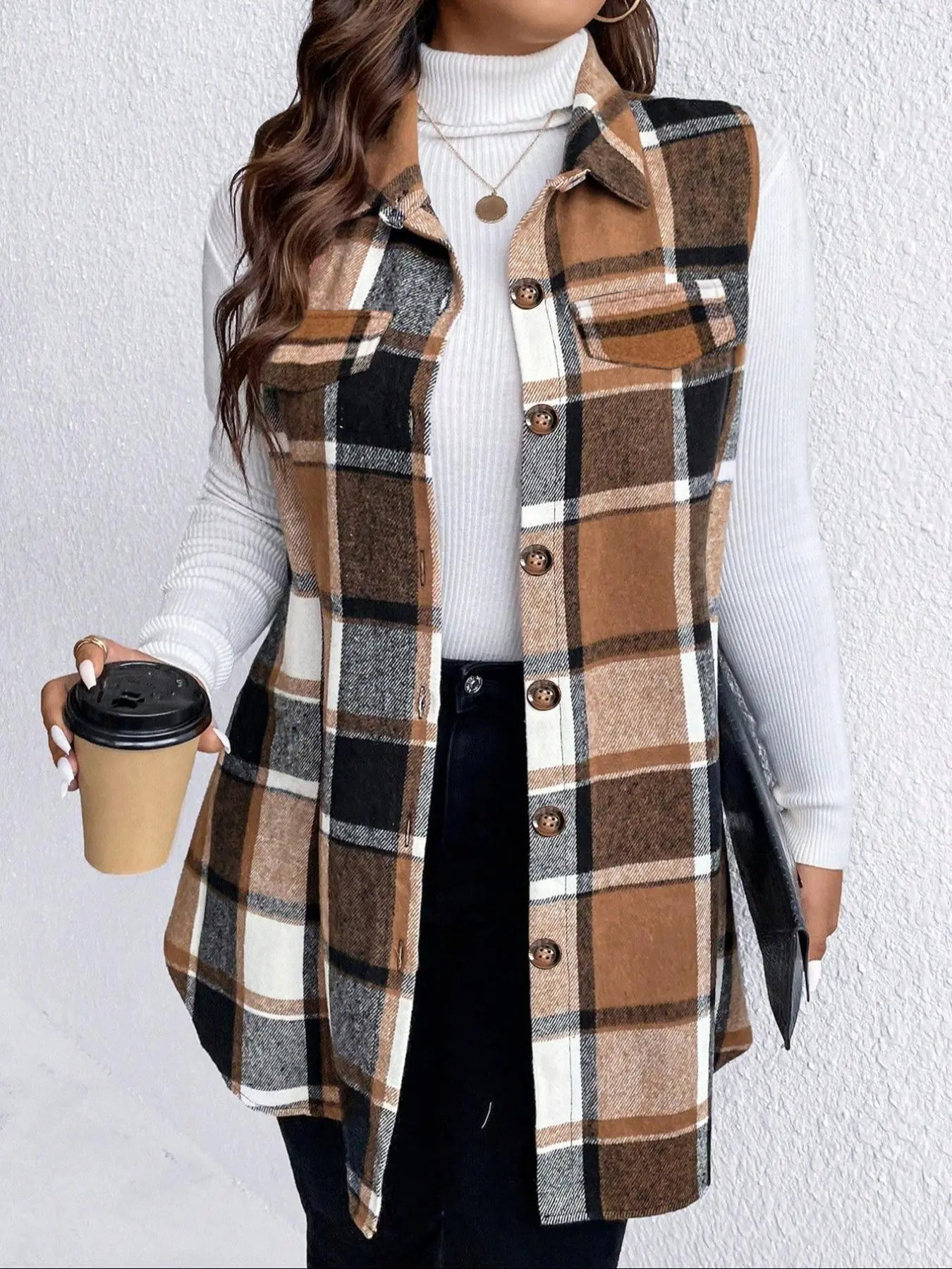 【Plus Size】 Plaid Print Button Front Vest Coat, Casual Sleeveless Collared Outerwear for Fall & Winter, Gift Set for Women, Women's Plus Size Clothes for Daily Wear