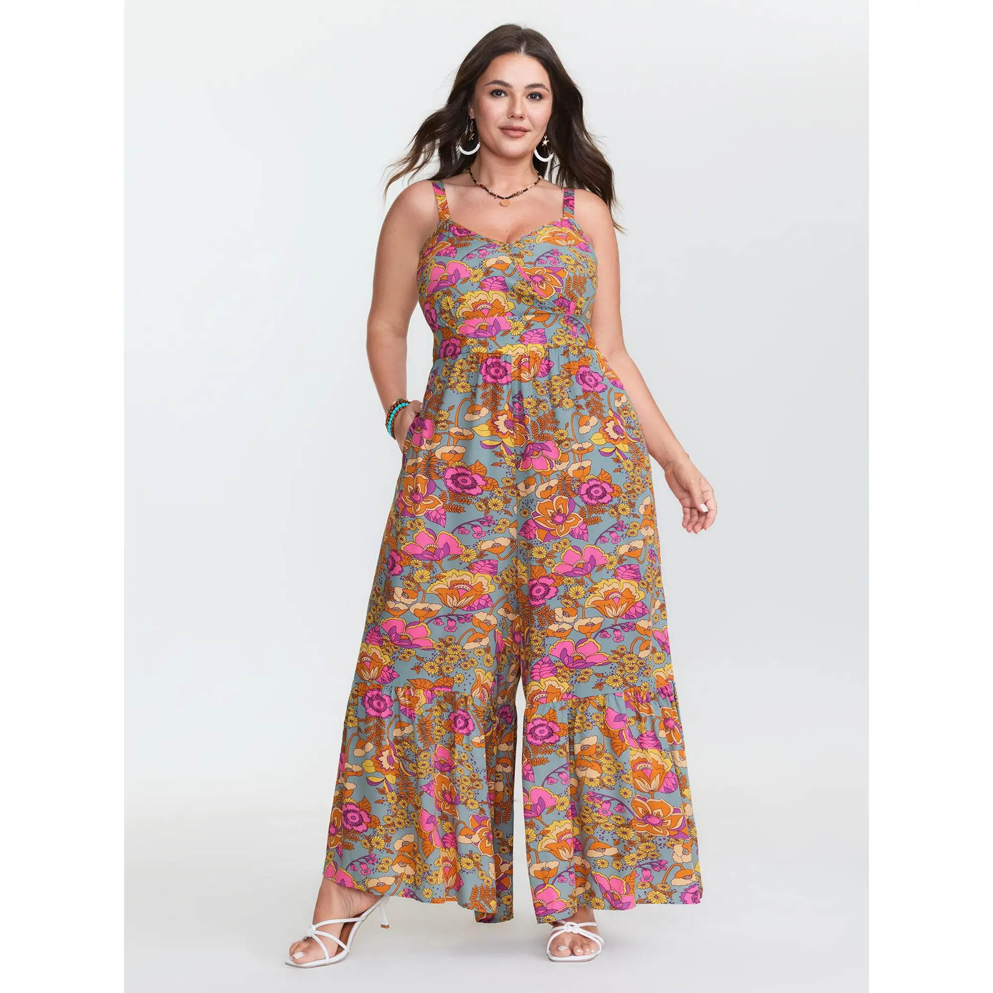 BLOOMCHIC Women's Plus Size Smooth Rayon Floral Print Shirred Sleeveless Cami Jumpsuit with Garment Pocket [M-6X], Summer Swimweek Fit Overalls, Fabric, Multicolor, Low Iron, Curvy Women Plus Size, Seam Pockets, Plus Size Clothes