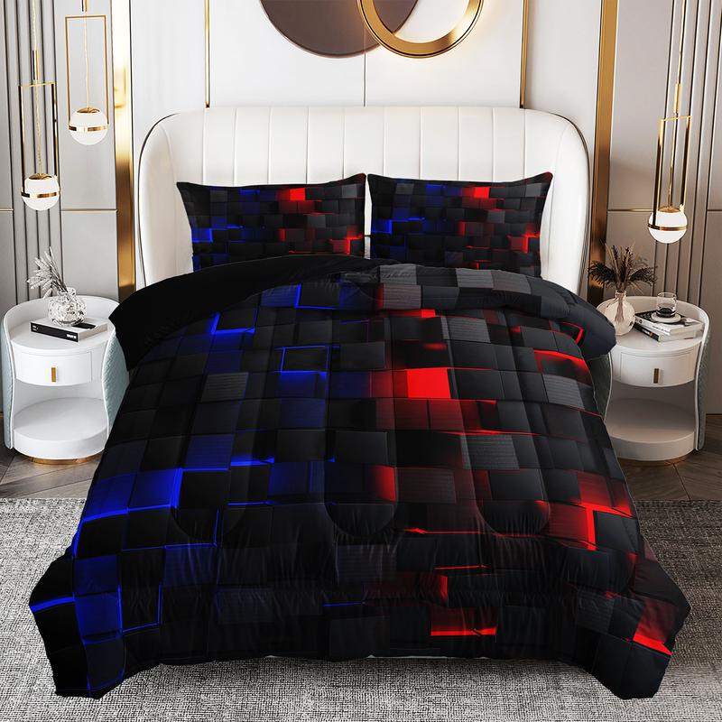 3pcs Red Black Grid Quilt Virtual Space Bedding Set for Adults Bedroom Decor,  futuristic tech vibe Quilt Set Comforter with 2 Pillow Shams Gifts for the Family
