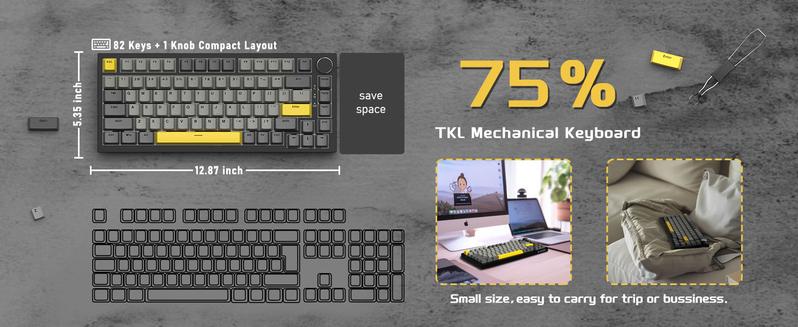AJAZZ AK820 Wired Mechanical Switch Gaming Keyboard with Knob 75% Keyboard Hot Swappable Type-C Wired Gasket 5-Layer Noise Absorbing Foam LED Backlit NKRO Linear for PC/Win/Mac