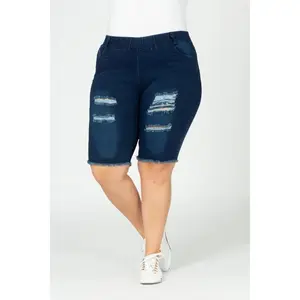 Plus Size Distressed Bermuda Shorts for Women with Stretch Waist & Pockets