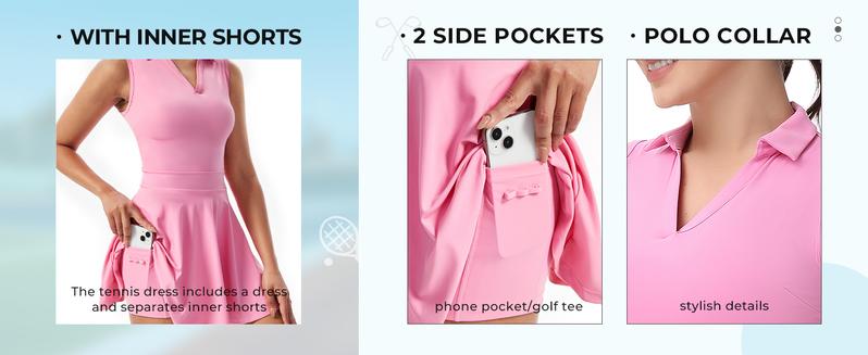 Women's 2 in 1 Drawstring Athletic Tennis Golf Dress Underneath Workout Active Mini Tennis Attire with Built-in Shorts, Dress for Women, Solid Sleeveless Pocket Dress, Tracksuit Ladies Sportswear for Exercise Pickleball, Gym Wear, Athletic Dress