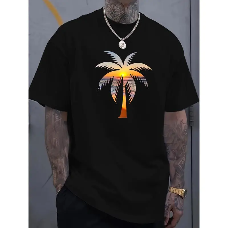 Men's Sunset Graphic T-Shirt, Casual Relaxed Fit Short Sleeve Cotton Top, Comfy and Breathable for Everyday Wear, Tshirt, Shortsleeve, Round Neck, Soft, Menswear, Tee, Classic, Errand-Ready Casual Tee, Casual T-Shirts