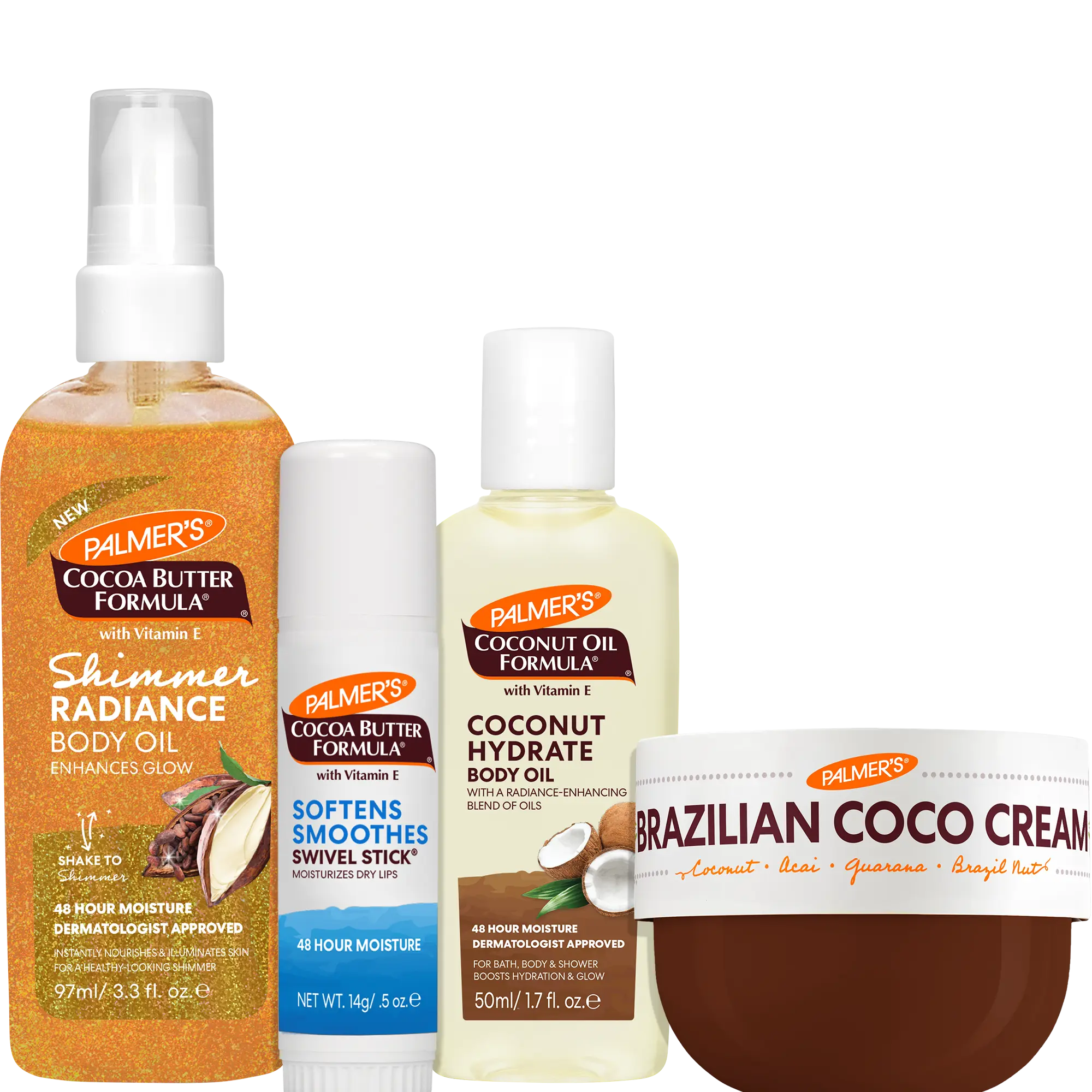 Palmer's Mini Faves Set with Shimmer Radiance Body Oil, Swivel Stick, Brazilian Coco Cream & Coconut Oil for Travel or Gifting