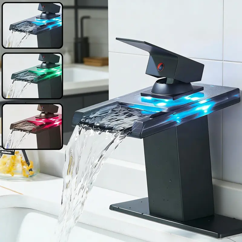 ATSHOWER LED Bathroom Sink Faucet - Matte Black Single Hole or 4 Inch Centerset Waterfall Faucet with Glass Spout and Temperature-Sensitive LED Lights, Includes 6 Inch Deck Plate for 3 Holes, 2 Mixing Water Supply Lines