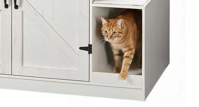 HOOBRO Farmhouse Cat Litter Box Enclosure, Automatic Cat Litter Box Cabinet with Charging Station, Hidden Cat Furniture with Hanging Ball & Sisal Mat, Tabletop & Hook, White and Walnut HOOBRO Farmhouse Cat Litter Box Enclosure, Automatic Cat Litter Box Cabinet with Charging Station, Hidden Cat Furniture with Hanging Ball & Sisal Mat, Tabletop & Hook, White and Walnut