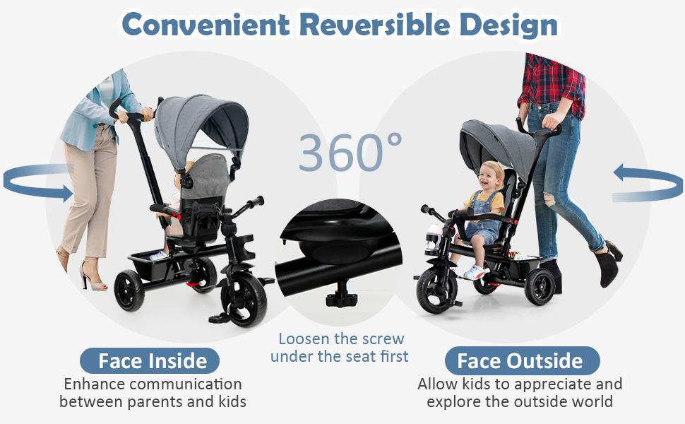 Costzon Tricycle, Toddler Bike W/Removable Push Handle, Reversible Seat, EVA Wheel, Adjustable Canopy, Cup Holder & Storage,Christmas Festival Gift Black Friday Cyber Monday