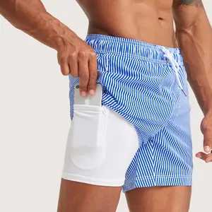 Maamgic 2-in-1 Men’s Swim Shorts – Quick Dry Beach Shorts with Compression Liner & Phone Pocket | Summer Striped Swim Trunks