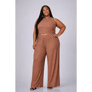 PLUS SIZE 2-piece Plus Crinkle Textured Loungewear Set-MOCHA-35