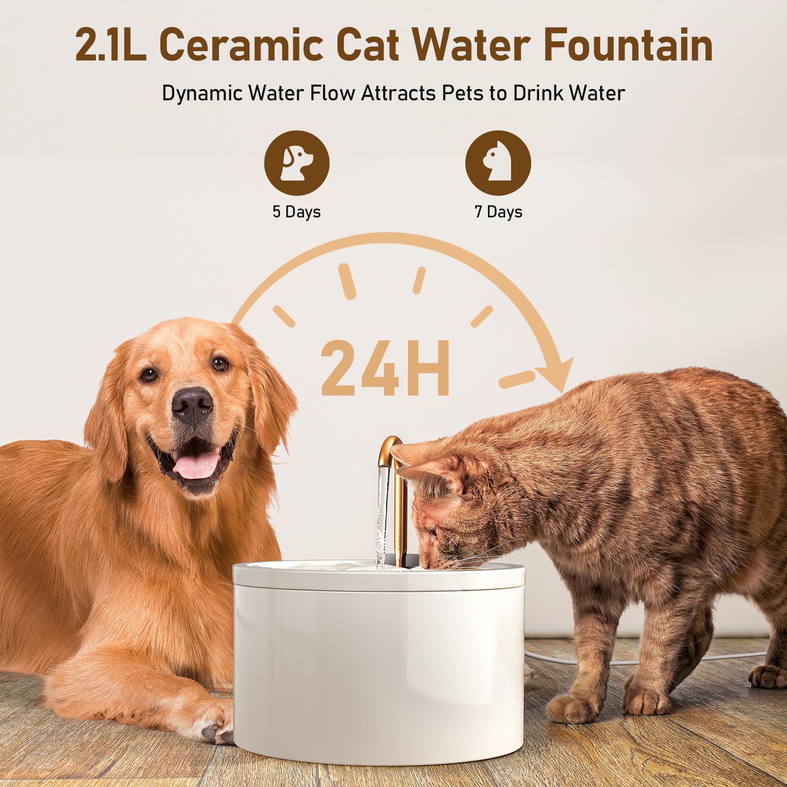 2.1L Ceramic Cat Fountain D02 Ultra-Quiet Easy-Clean Automatic Water Bowl Feeder with Dual Filtration System BPA-Free Natural Craftsmanship|Wired plug-in model