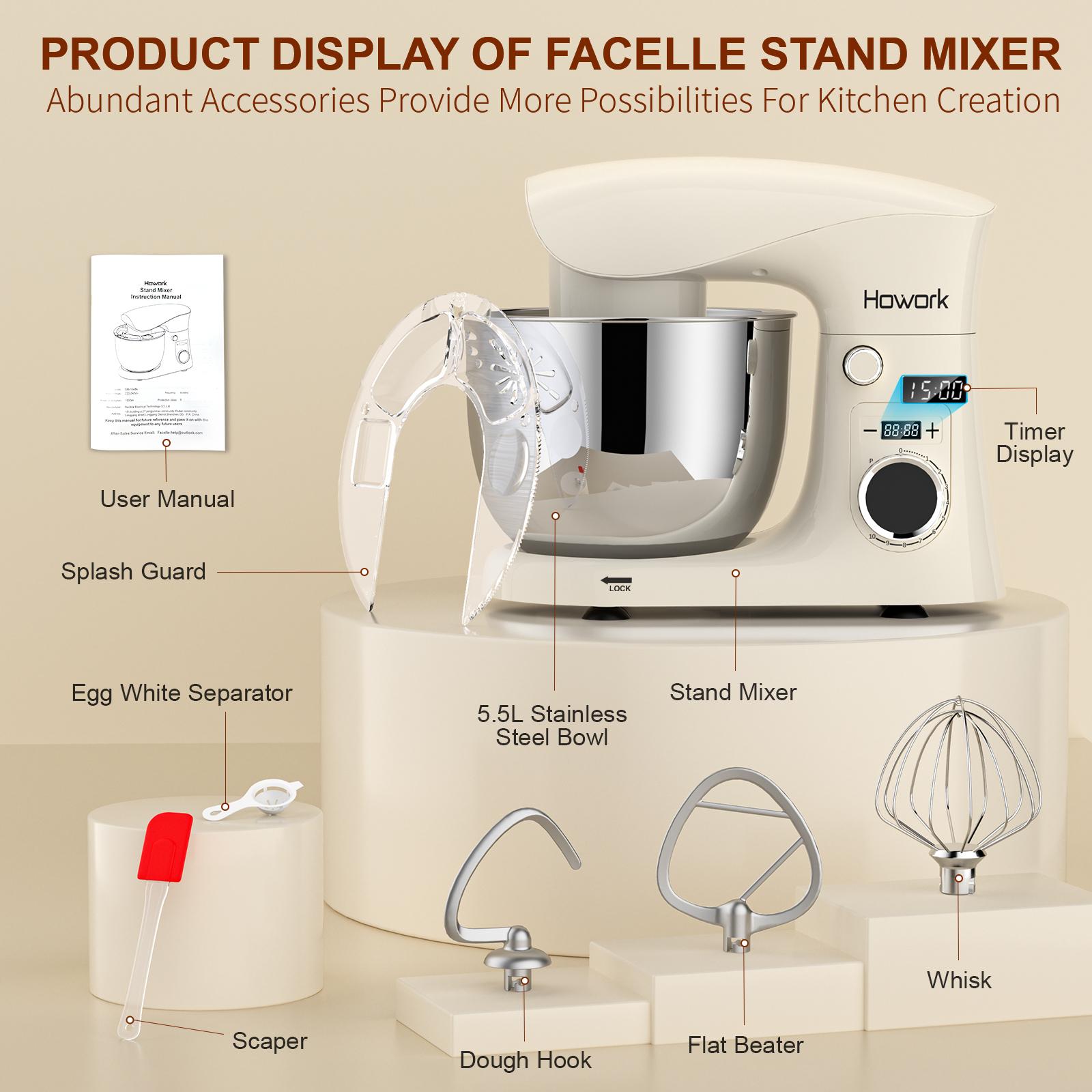 HOWORK Tilt-Head Stand Mixer (5QT/10-Speed) | 3-in-1 Baking Attachments for Home Bakers Steel Kitchen Appliances