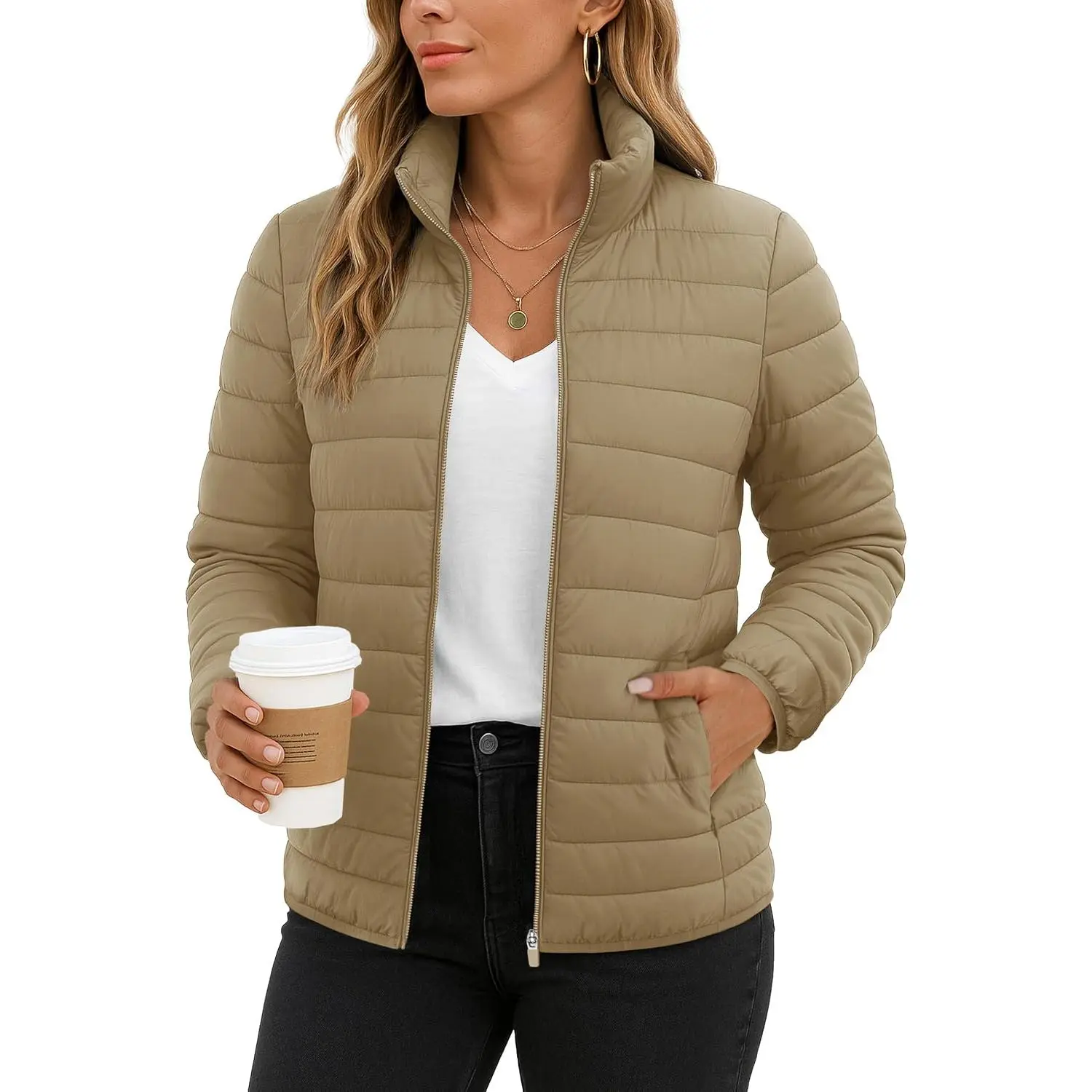 Cotrasen Women's Puffer Jackets Quilted Packable Lightweight Zip Up Coats | 4 Pockets,Stand Collar,Ladies Full-zip Coats,Winter Warm,Down Jacket,Outwear,Casual,Quilt,Light,Puffy,Packable