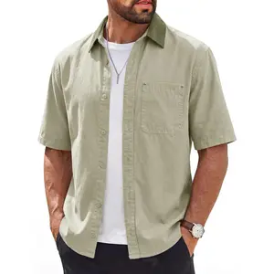 Runcati Mens Button Down Shirt Short Sleeve Work Shirts Summer Casual Vintage Barn Shacket with Pocket
