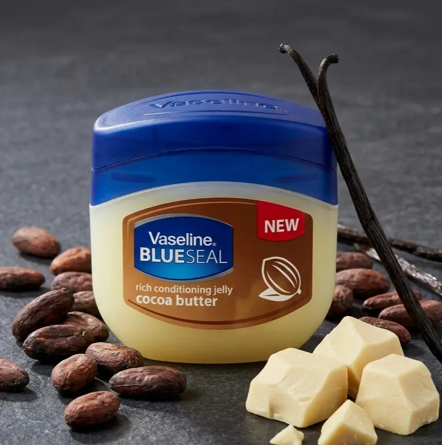 Vaseline Blue Seal Cocoa Butter Petroleum Jelly (50mL/1.7oz) - Rich Conditioning, Jelly Texture, Occlusives Barrier, Deep Moisture, Gentle Lightweight Body Moisturizer for All Types, Apply Daily Spot Treatment