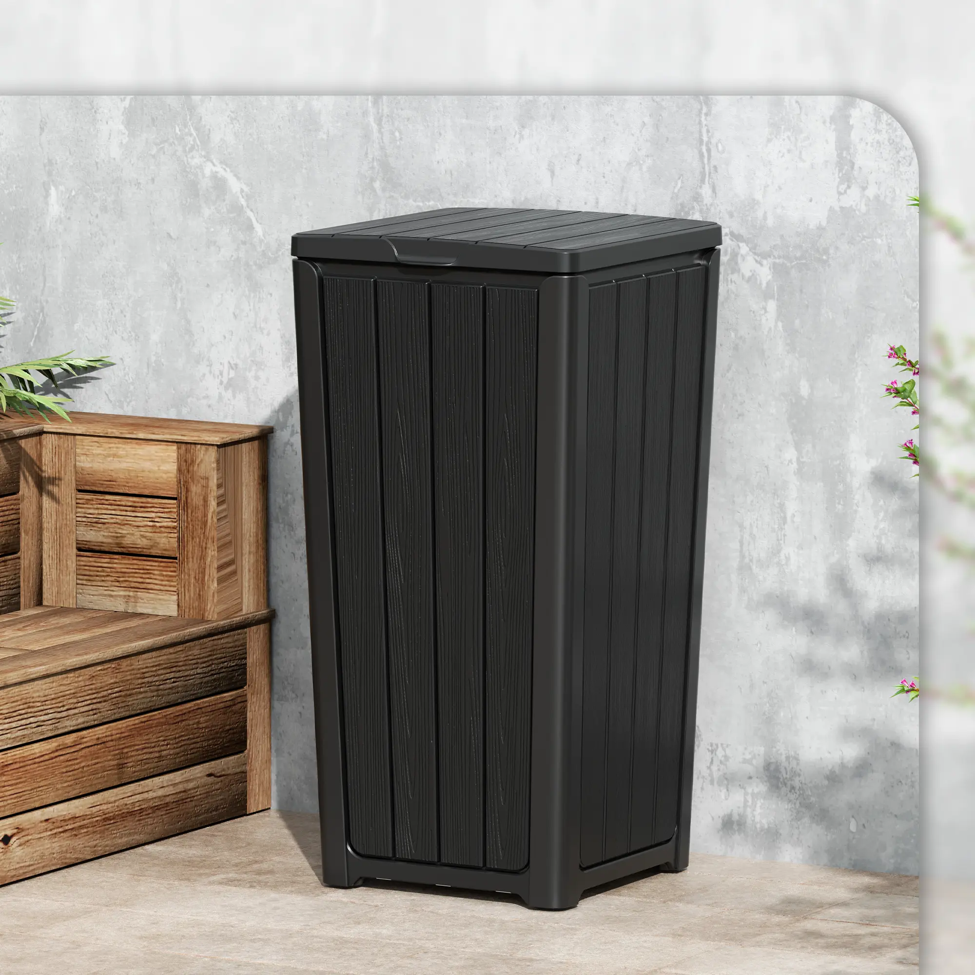 23 Gallon Large Outdoor Trash Can with Lid, Waterproof Vertical Stripe Black Garbage Bin, Multi-Purpose Patio Courtyard Kitchen Waste Storage Bin, Summervibes