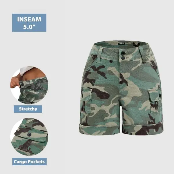 Flamingals Camo Print Roll Hem Flap Pocket Mid Rise Shorts Flamingals Camo Print Roll Hem Flap Pocket Mid Rise Shorts