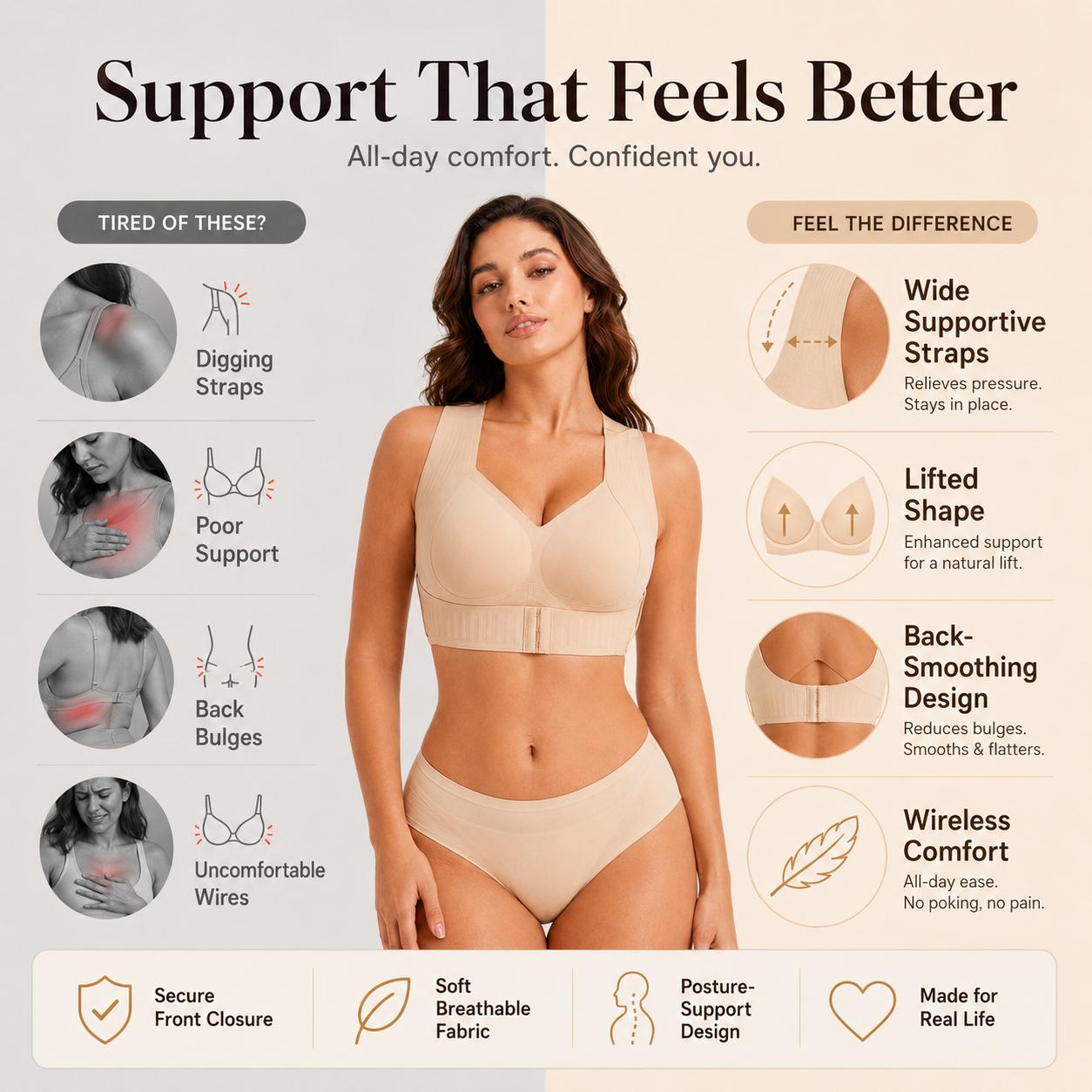 【Postural correction】Women’s Beige Wireless Bra, Soft Breathable Non-removable Moulded Cups, Yoga Fitness Sportswear for Gym & Daily Training Breathable Comfy Bra Posture Shaping Bra