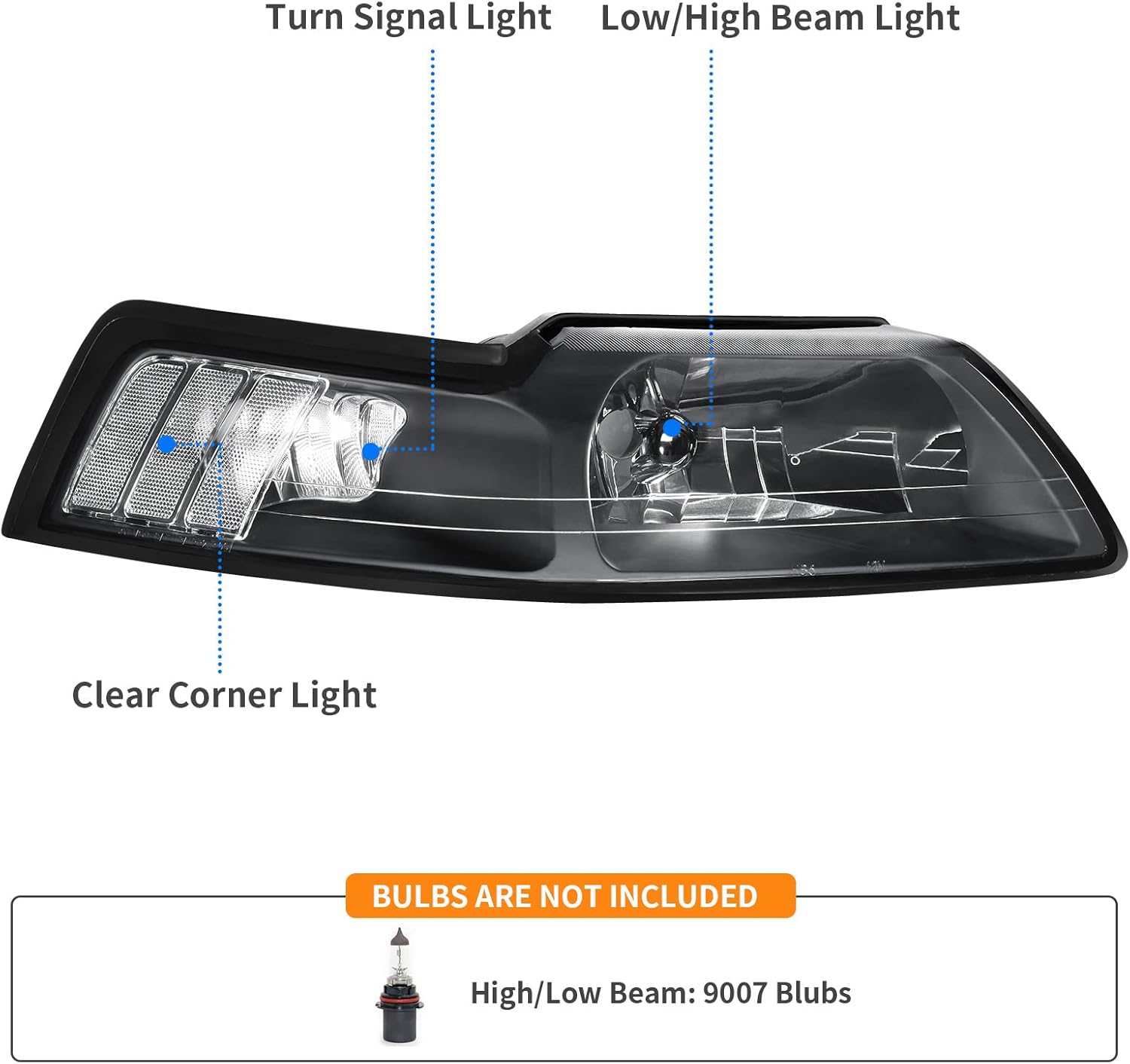 YITAMOTOR Headlight Assembly Compatible with 1999-2004 Ford Mustang Headlamp Headlights(Black Housing Clear Reflector)