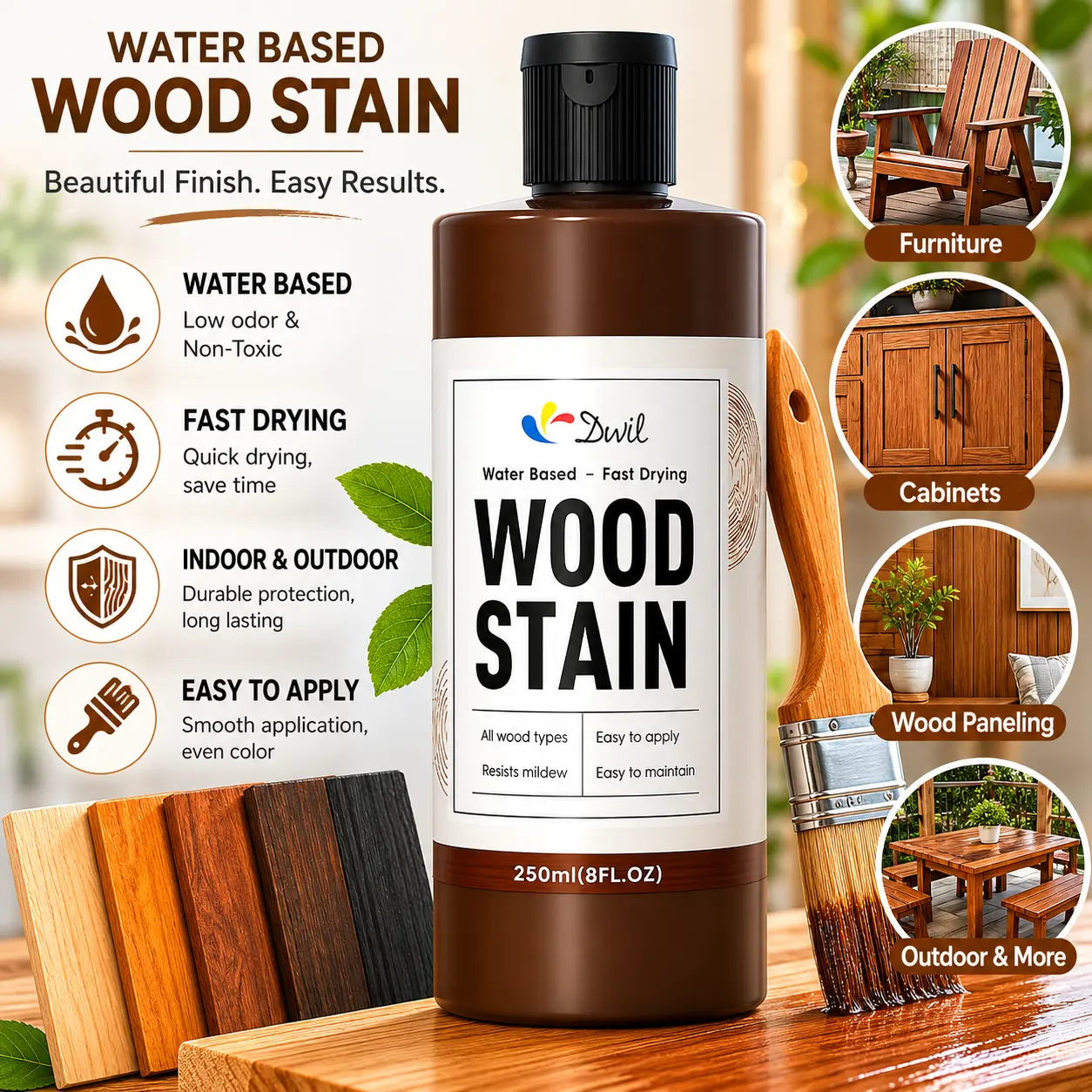 High-Quality Water-Based Wood Stain, Fast Drying, Low Odor, Non-Toxic, Quick Coverage, Easy Application, Easy Cleanup, Safe for Indoor & Outdoor Use, Ideal for Furniture, Cabinets, Doors, Wood Rejuvenation