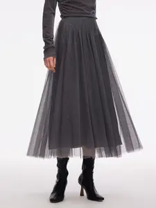 Mesh Elastic Waist Sequins Pleated Women Skirt Womenswear