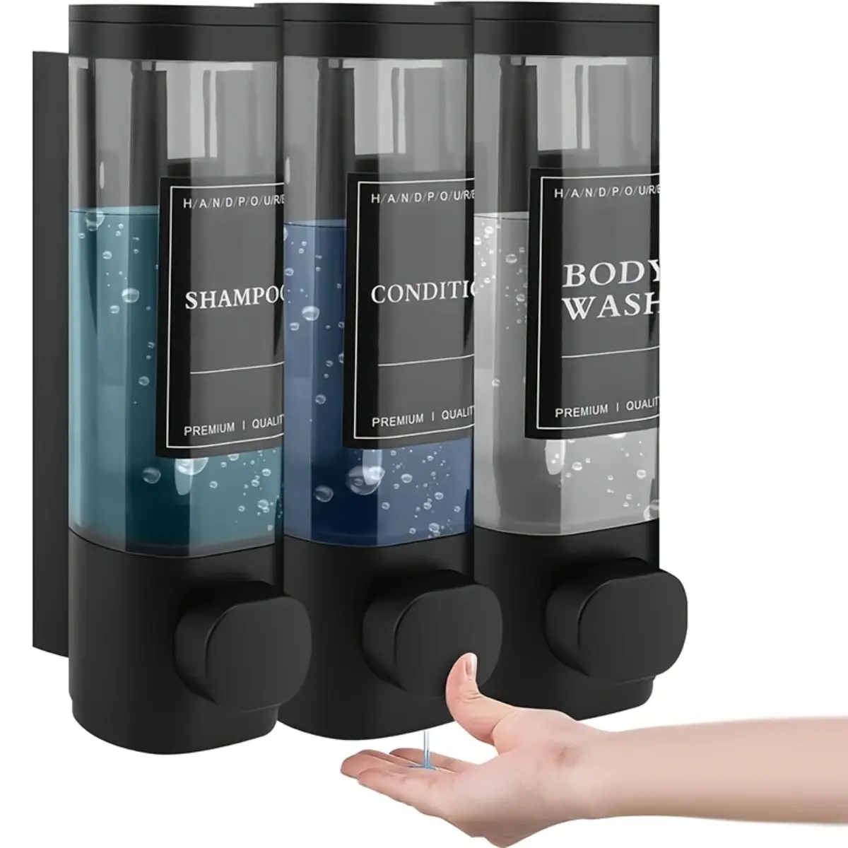 Wall Mounted Triple Compartment Liquid Dispenser, Shampoo Conditioner Body Wash Pump Holder, Organizer, Toiletries Dispenser, No Drill ABS Material Soap Dispenser, 10.14oz x 3 Bathroom Kitchen Commercial Grade Dispenser for Hotel, Restaurant, Market