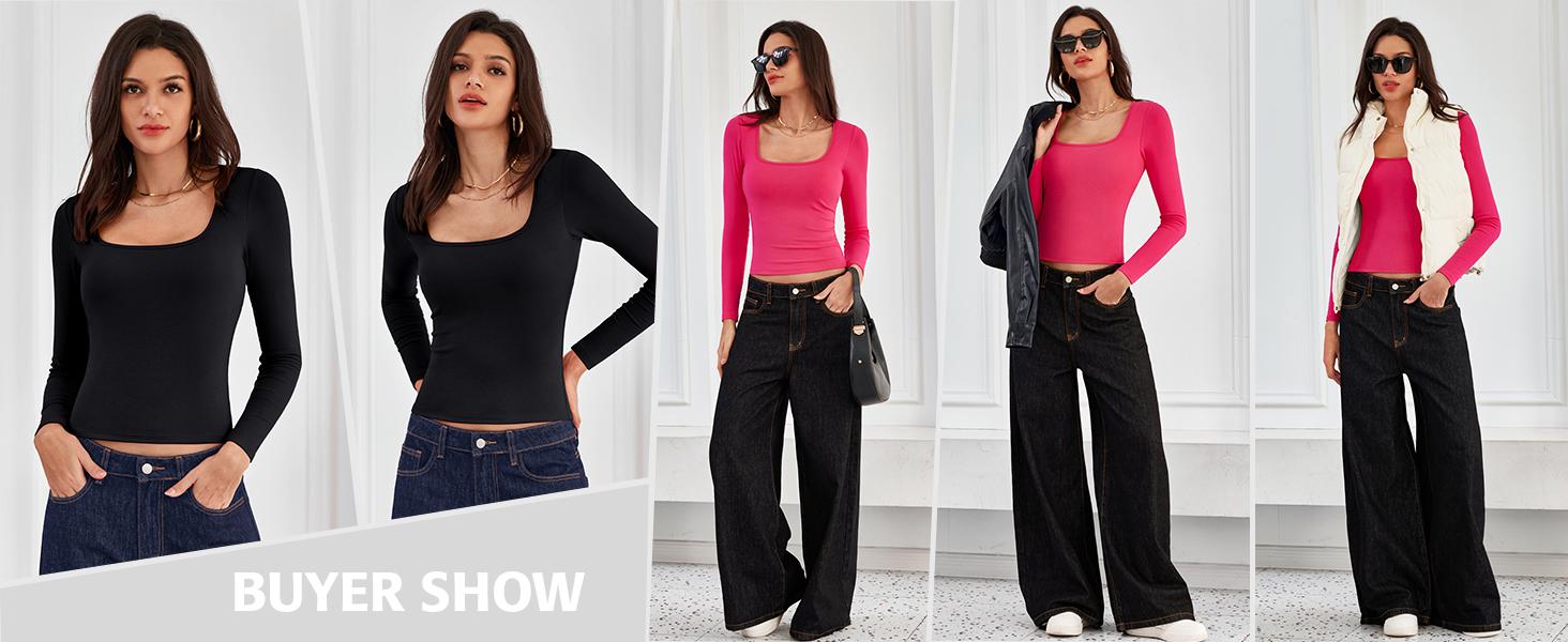 ATTRACO Women's Long Sleeve Square Neck Built-in Bra Top Slim Fit Stretch Fabric Basic T-Shirt Casual Classy Fashion Elegant Casual Classy Fashion Christmas Womenswear