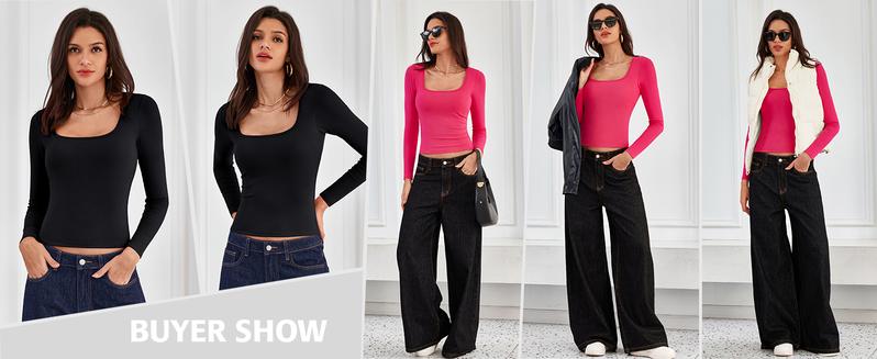 ATTRACO Women's Long Sleeve Square Neck Built-in Bra Top Slim Fit Stretch Fabric Basic T-Shirt Casual Classy Fashion Elegant Casual Classy Fashion Christmas Womenswear