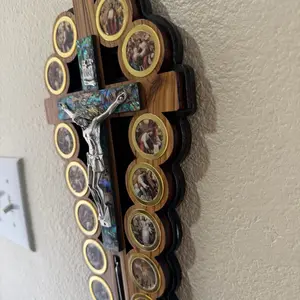 Holy Land Market Two colors/tones wooden Crucifix - icon showing 14 Stations of the Cross