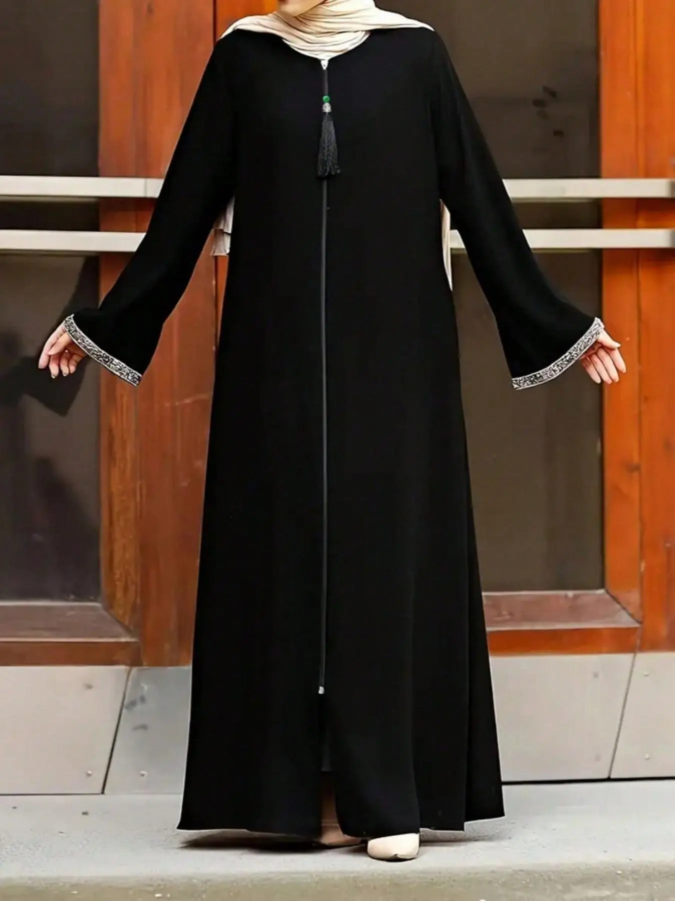 Women's Contrast Binding Zipper Long Sleeve Dress, Muslim Women Gowns, Muslim Kaftan Dress, Modest Style Dress, Solid Color Round Neck Long Dress for Daily Wear, Maxi, Casual Muslim Clothing, Modesty Muslim Clothing, Modest Clothes