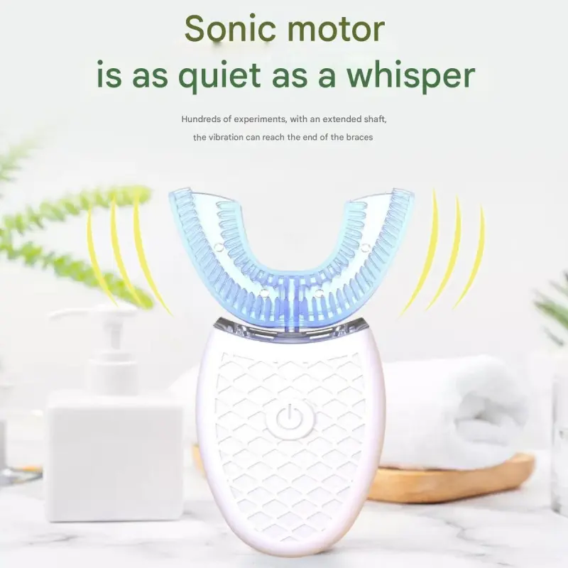 U-shaped ultrasonic electric toothbrush, powerful cleaning, rechargeable design, improves brushing efficiency, 360-degree oral cleaning, with replaceable brush heads, waterproof adult toothbrush, daily oral care, Cordless teeth cleansing