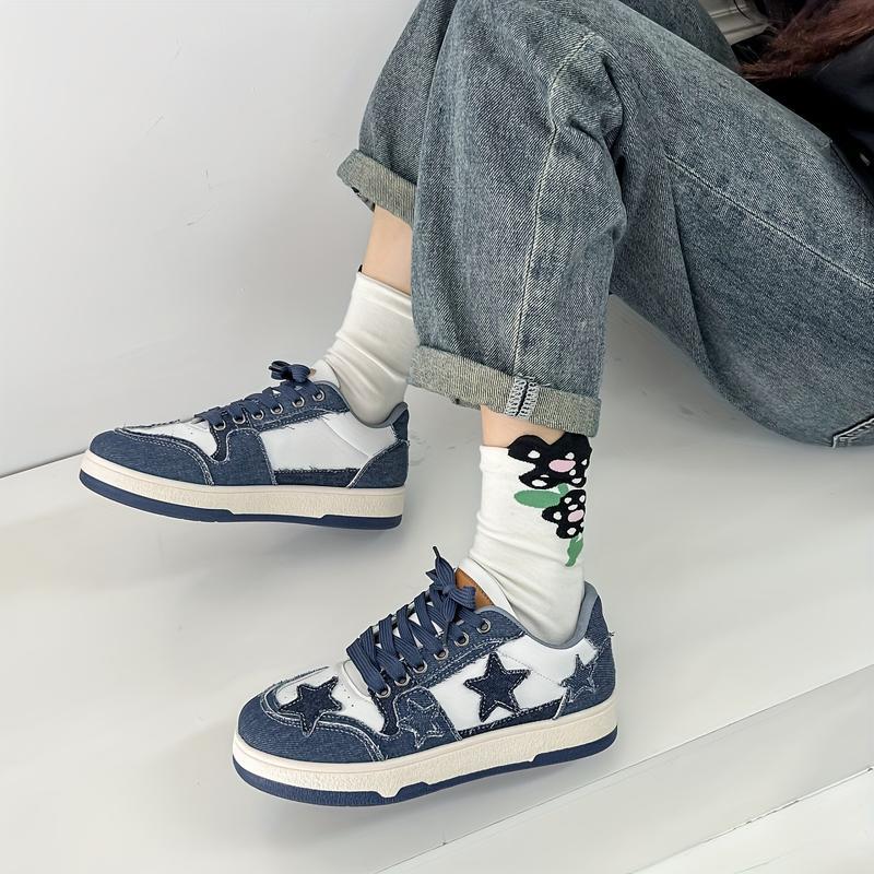 Women's Lightweight Breathable Vintage Star Patterned Casual High Top Sneakers Non Slip Sole Four Seasons Skateboard Running Shoes Black