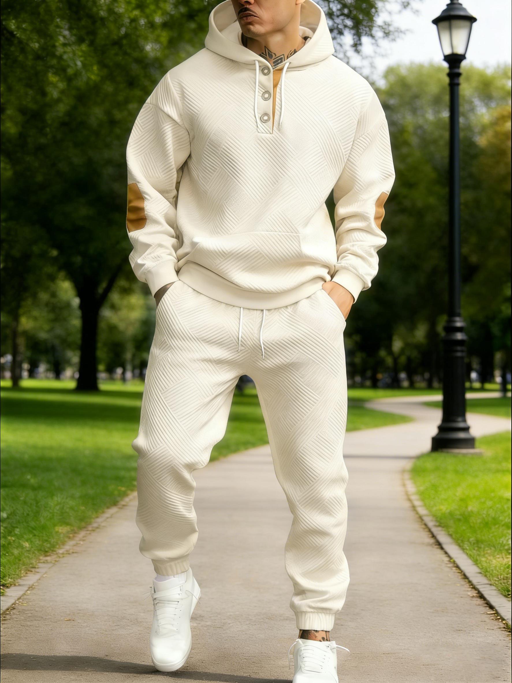 Men's two-piece textured hoodie tracksuit with a geometric pattern sweatshirt and contrasting elbow patches, casual street style, soft and comfortable 2026 fashion loungewear