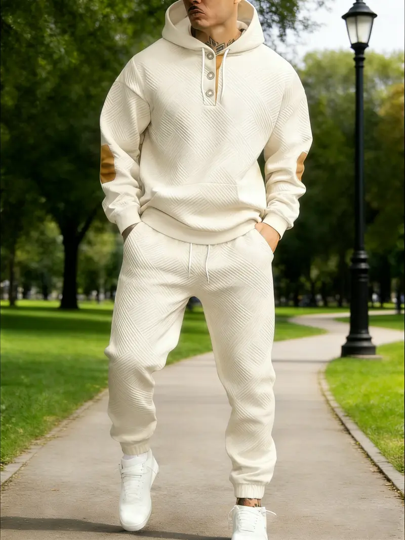 Men's 2-Piece Textured Hoodie Sweatsuit Set Outfit - Heavyweight Brushed Fleece Pullover Hoodie & Men's Sweatpants, Athleisure Street Fit Casual Sportswear Set