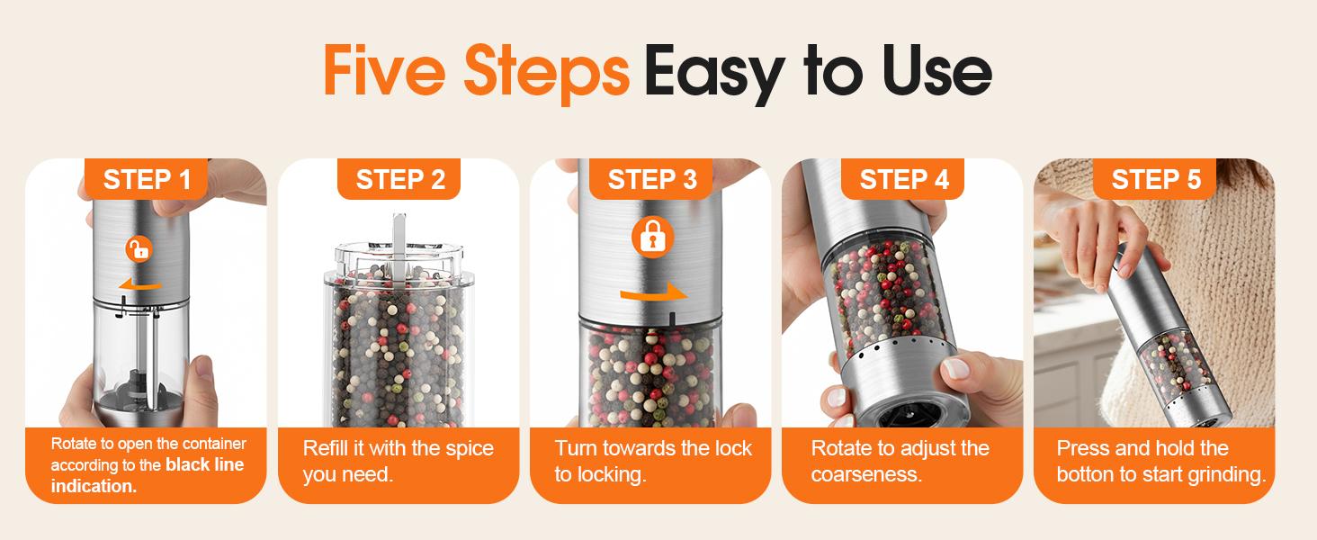 [HOMEHACKS Official]Electric Salt & Pepper Grinder Sets - Rechargeable, Automatic with Adjustable Coarseness (6 Settings) , One-Hand Operated, For Kitchen, Gift