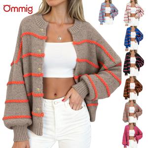 Ommig Women's Oversized Batwing Striped Cardigan Sweater, Long-Sleeve Button-Down Knitted Outwear
