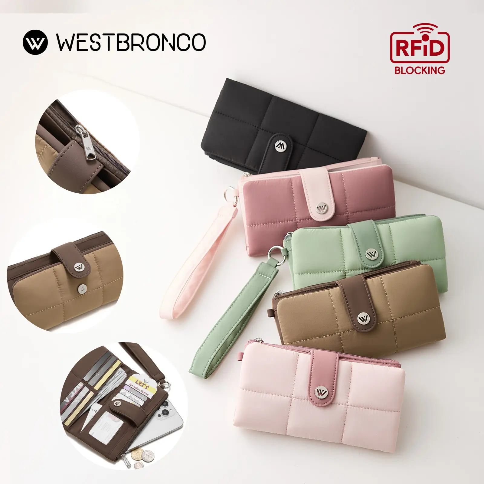 WESTBRONCO Minimalist Sweet Athletic Puffy Long Wristlet Wallet for Women - RFID Blocking, 13 Card Slots, ID Window, Zipper Pocket, Accessories for Women, Casual Daily Use Gift (Summer Sale, Back to School),back to school,back to school haul