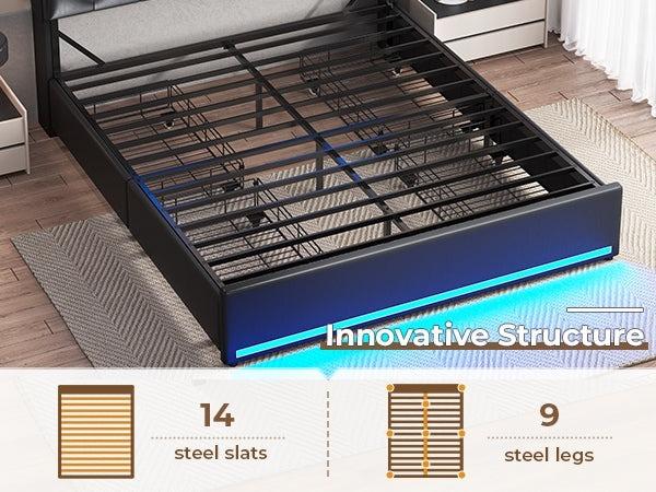 Sikaic Upholstered Platform Bed Frame with LED Lights & Charging Station Hidden Storage Headboard and 4 Drawers PU Black Bedroom Set Unique Bedroom Furniture