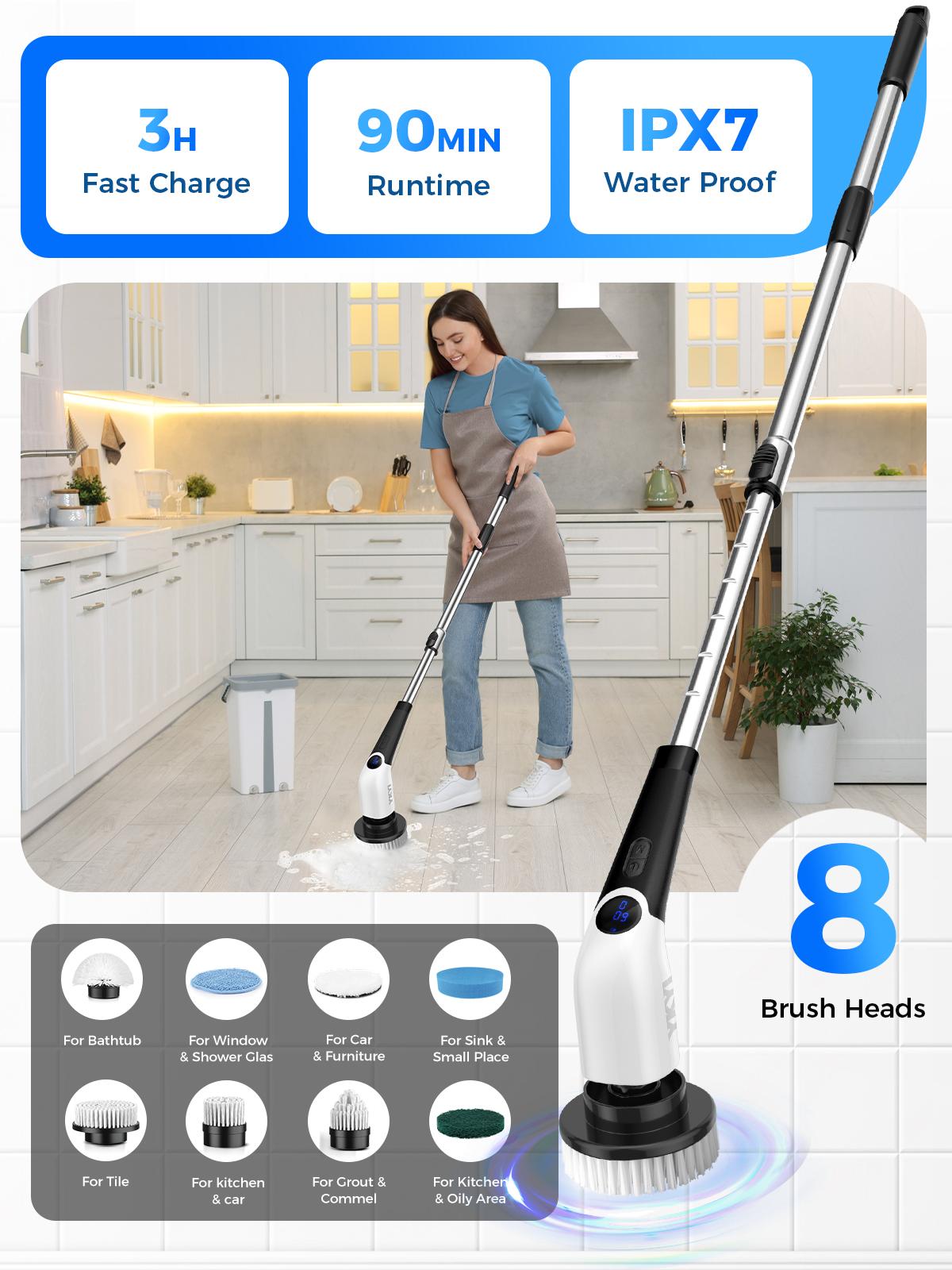 YKYI Electric Spin Scrubber with 8 Replaceable Brush Heads, 3 Adjustable Speeds, Retractable Handle, Portable Durable Cleaning Brush for Bathroom, Kitchen, Household, Fast Charging, Battery Display