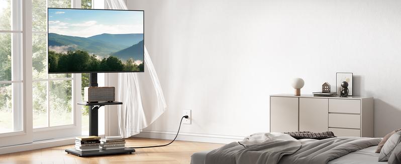 Floor TV Stand with Power Outlet, Universal TV Stand for 32-75 inch TVs up to 110 lbs, Height Adjustable Standing TV Mount, Tall TV Mount with Wood Base, Max VESA 600x400mm, PGFS06