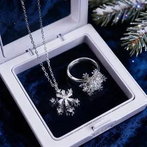 Hypoallergenic Snowflake Jewelry Set for Women | CZ Spinner Ring and Pendant Necklace | No Fade Open Adjustable Ring 16-18" Chain | Perfect Holiday Gift